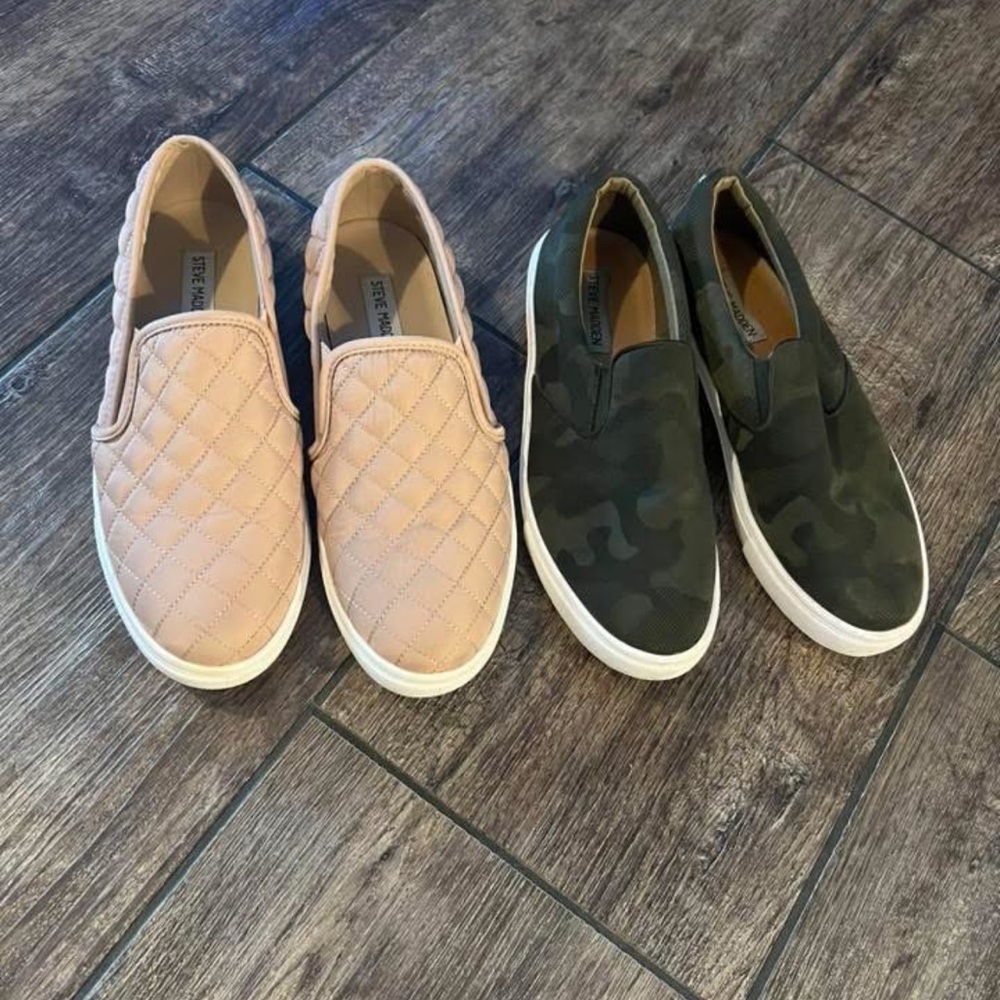 Steve Madden Pink Quilted and Green Camo Slip-Ons